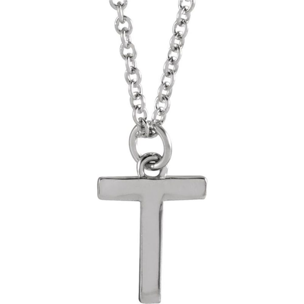 14k White Gold 9.5mm Small Block Initial T Necklace, 18 Inch